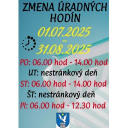 Zmena úradných hodín - Obecný úrad Sokoľ: 01.07.2025 - 31.08.2025