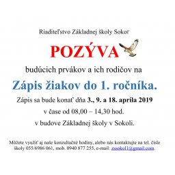 Zápis žiakov do 1. ročníka - ZŠ SOKOĽ