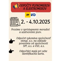Odpočty plynomerov a elektromerov: 02. - 04.10.2025
