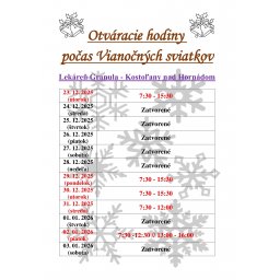 Lekáreň Granula v Kostoľanoch nad Hornádom: otváracie hodiny počas Vianoc