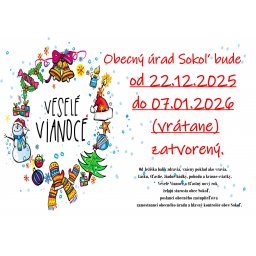 Zatvorený obecný úrad Sokoľ: 22.12.2025 - 07.01.2026