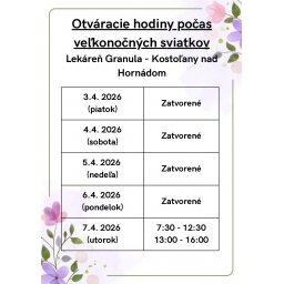 Zmena otváracích hodín Lekárne Granula v Kostoľanoch nad Hornádom počas Veľkej noci