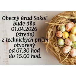 Zmena úradných hodín - Obecný úrad Sokoľ: 01.04.2026